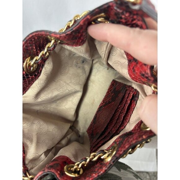 Michael Kors Frankie Crossbody Bag Red Black Snakeskin Print Small Pouch Bucket - Picture 10 of 14